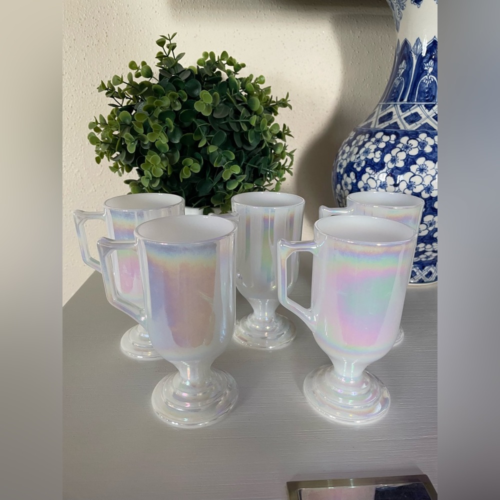 Vintage Federal Glass Moonglow Iridescent Milk Glass Irish style Mug Set of 5